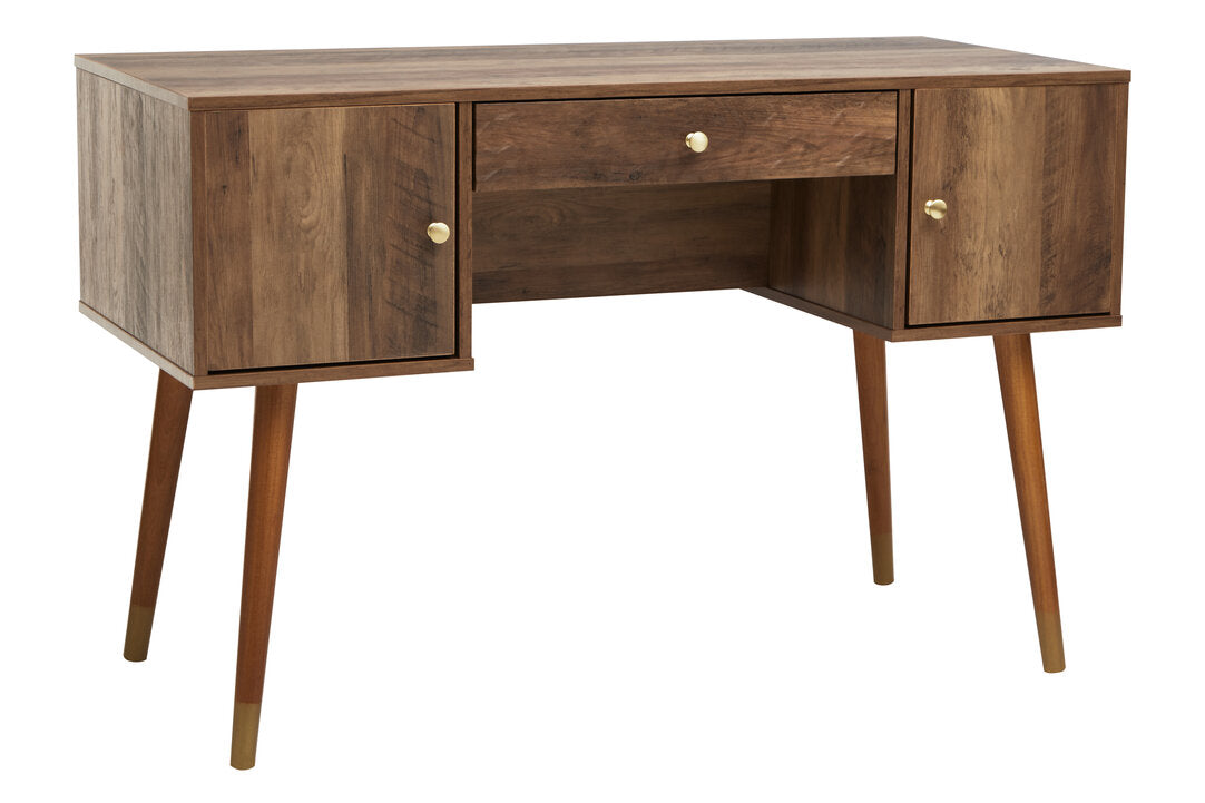 Frida Wood Veneer Desk with Drawer & Concealed Storage – Warm Minimal Workspace Desk with Gold Accents