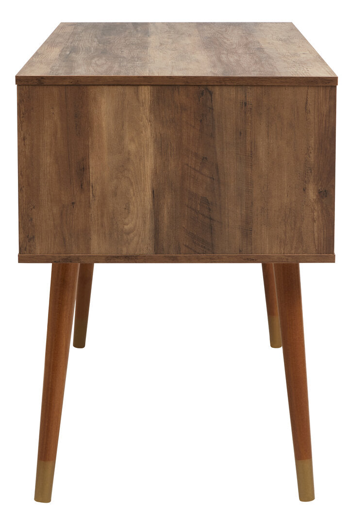 Frida Wood Veneer Desk with Drawer & Concealed Storage – Warm Minimal Workspace Desk with Gold Accents