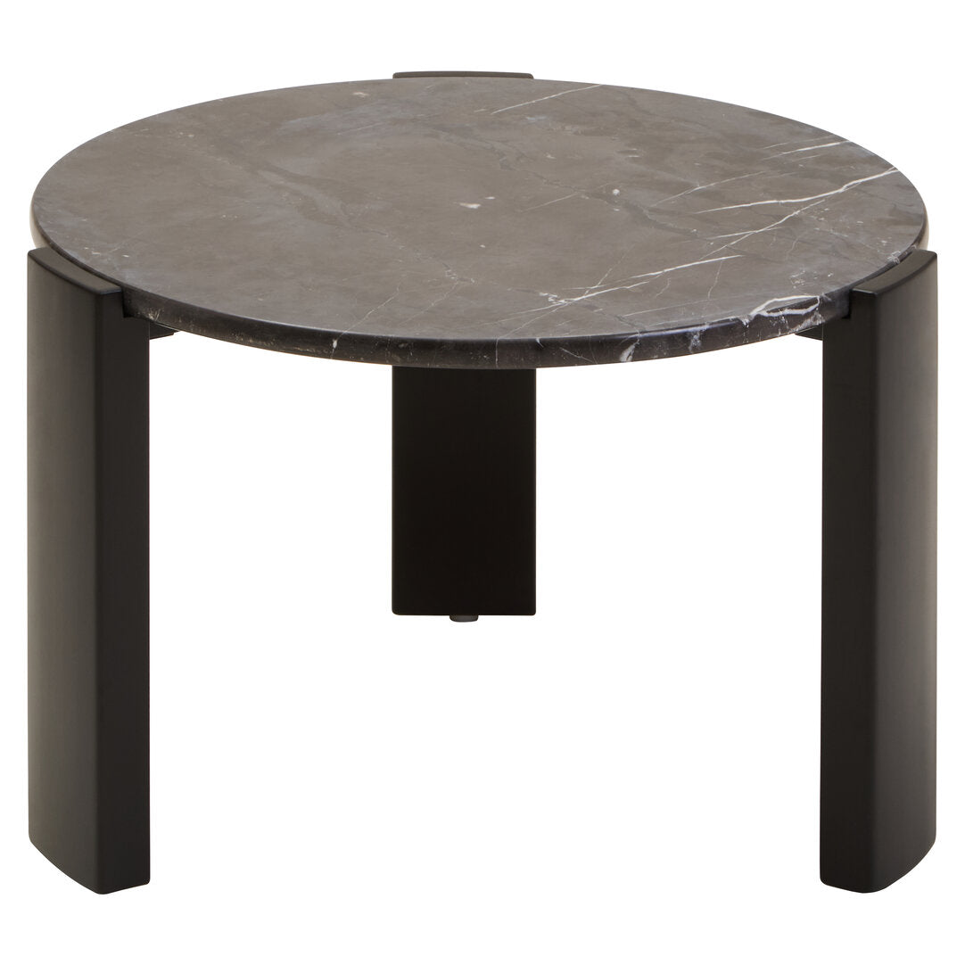 Black Marble Round Coffee Table for Workspace – Small Stone Table with Wood Legs