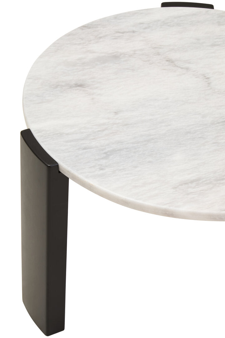 White Marble Round Coffee Table for Workspace – Small Stone Table with Black Wood Leg