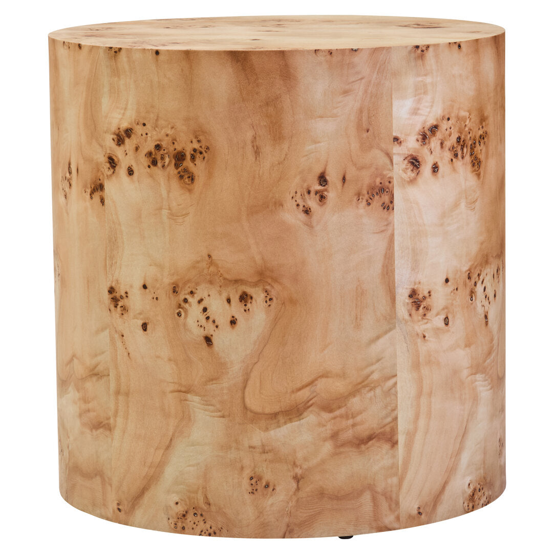 Mota Burl Wood Round Side Table for Workspace – Sculptural Accent Table with Drum Shape