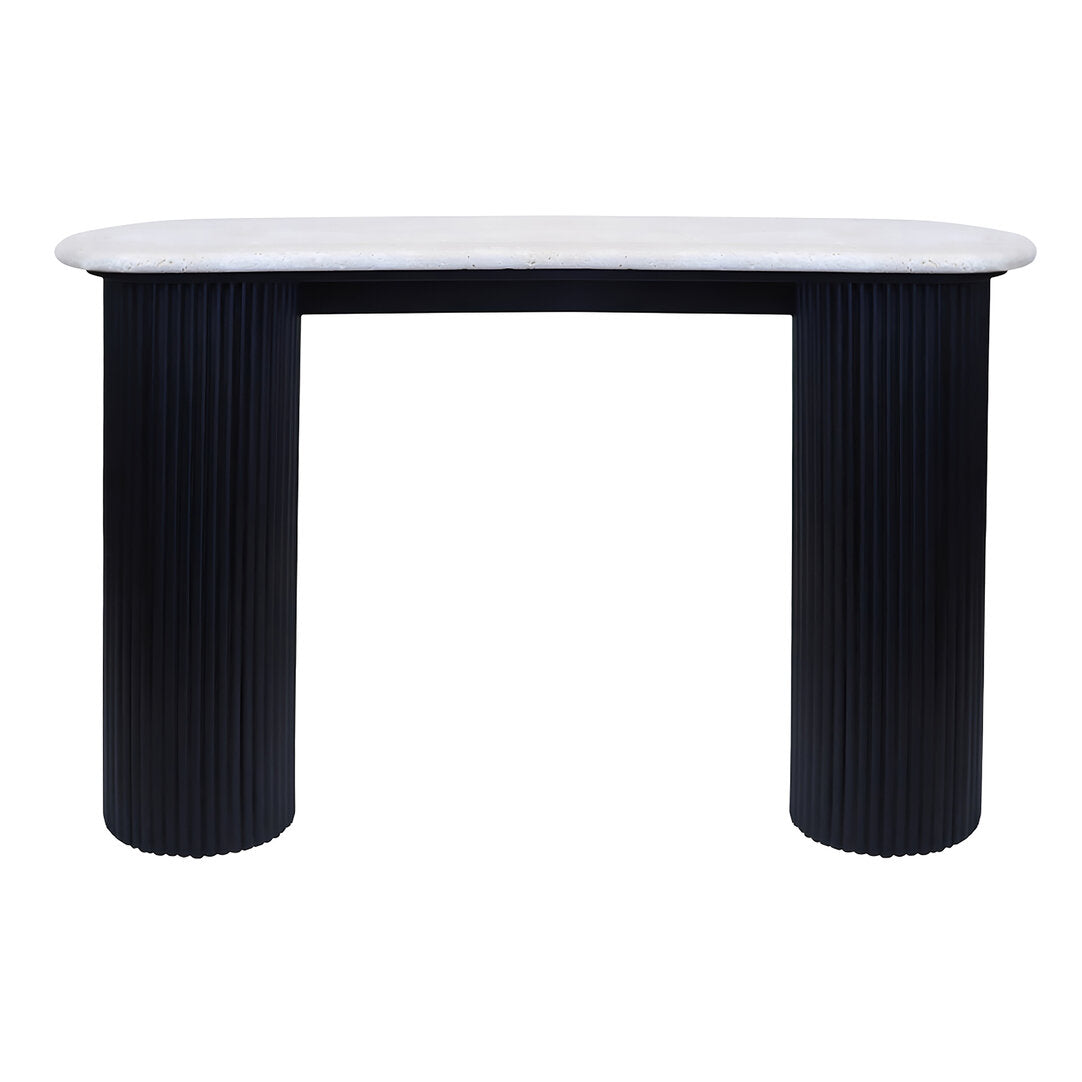 Travertine Top Console Table for Workspace – Modern Stone Console Table with Black Wood Legs