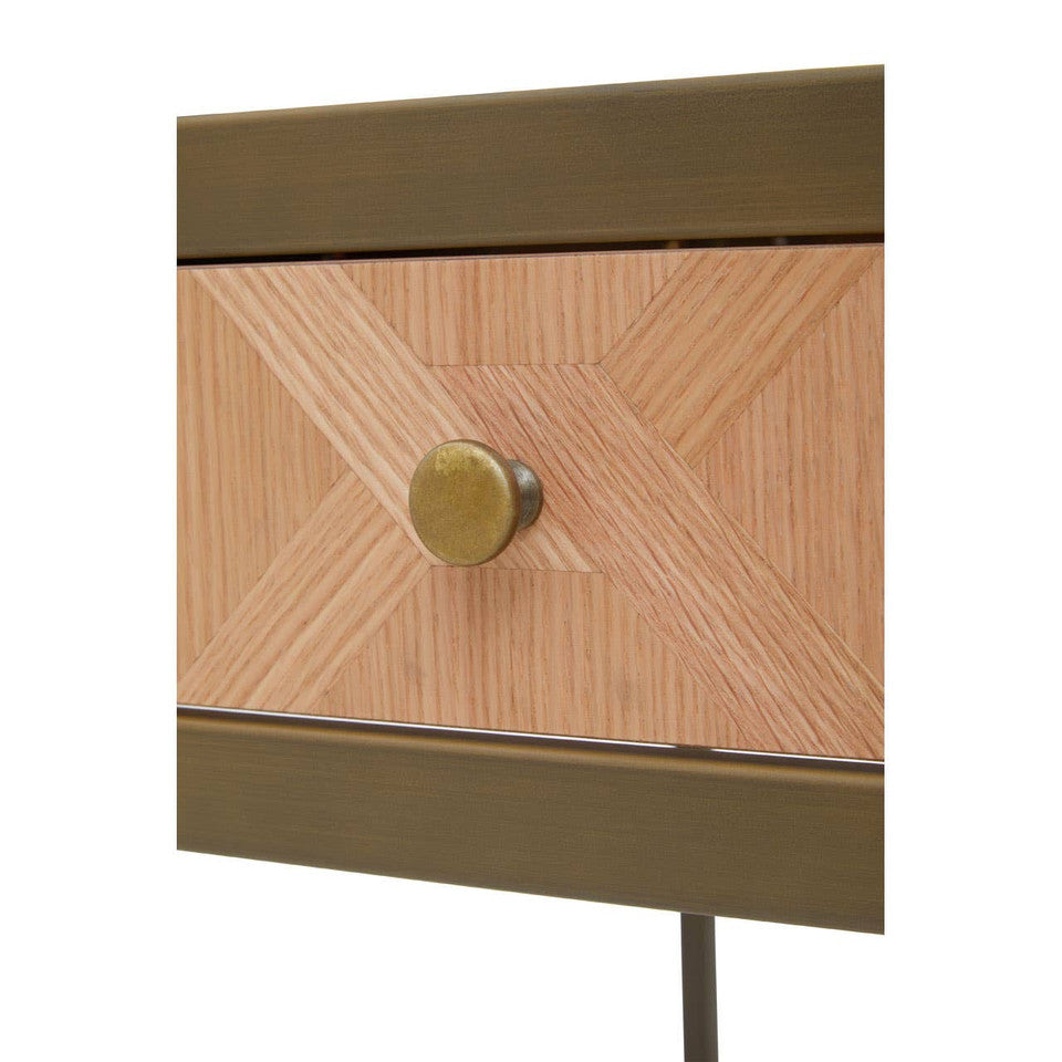 Oak Veneer Desk with Drawers – Modern Workspace Desk with Brass-Accented Steel Frame