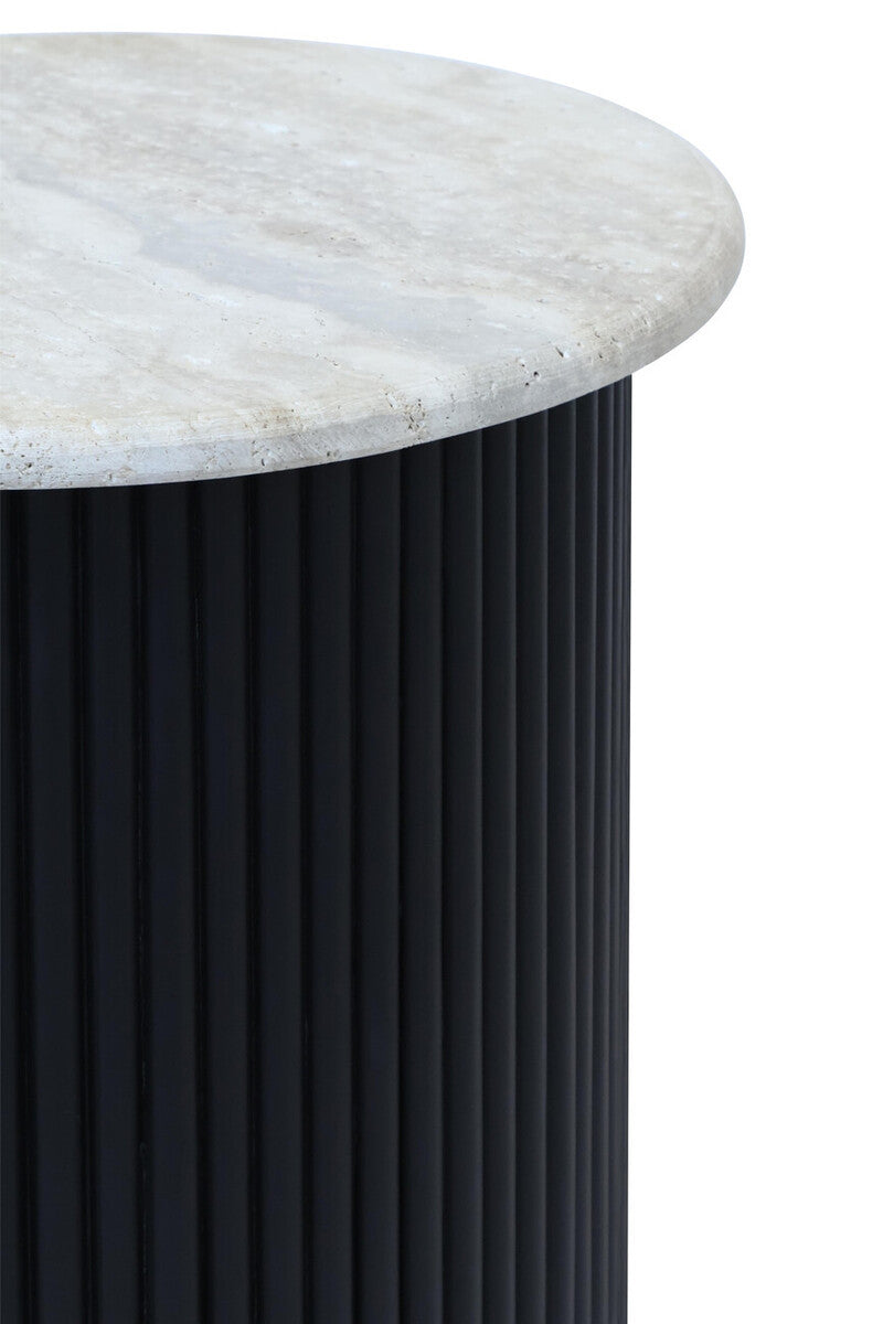 Travertine Top Side Table with Black Acacia Base – Sculptural Workspace Accent with Natural Texture