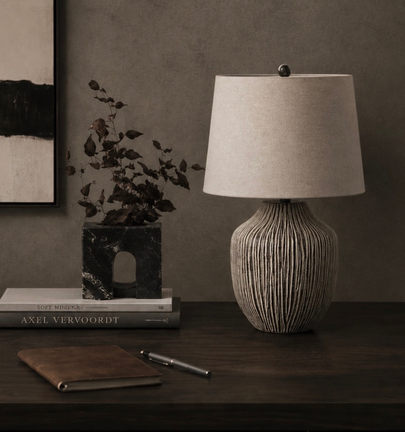 Ochre Carved Desk Lamp – Linen Shade
