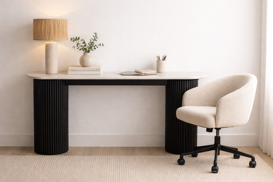 Travertine Top Console Table for Workspace – Modern Stone Console Table with Black Wood Legs