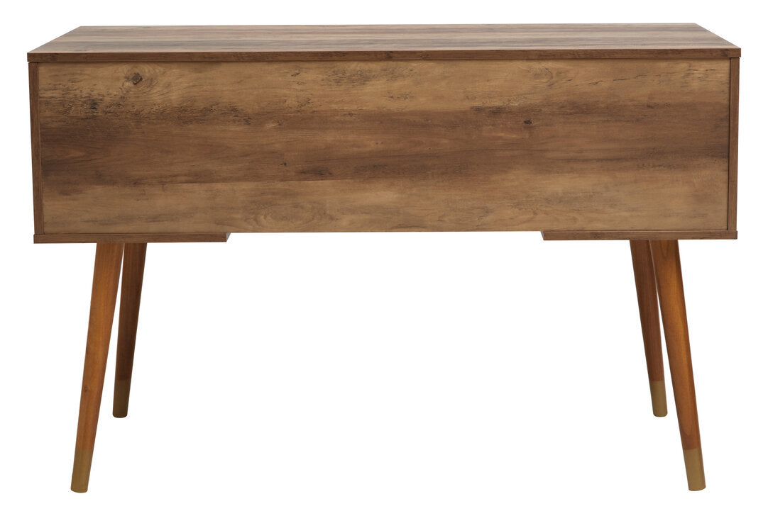 Frida Wood Veneer Desk with Drawer & Concealed Storage – Warm Minimal Workspace Desk with Gold Accents