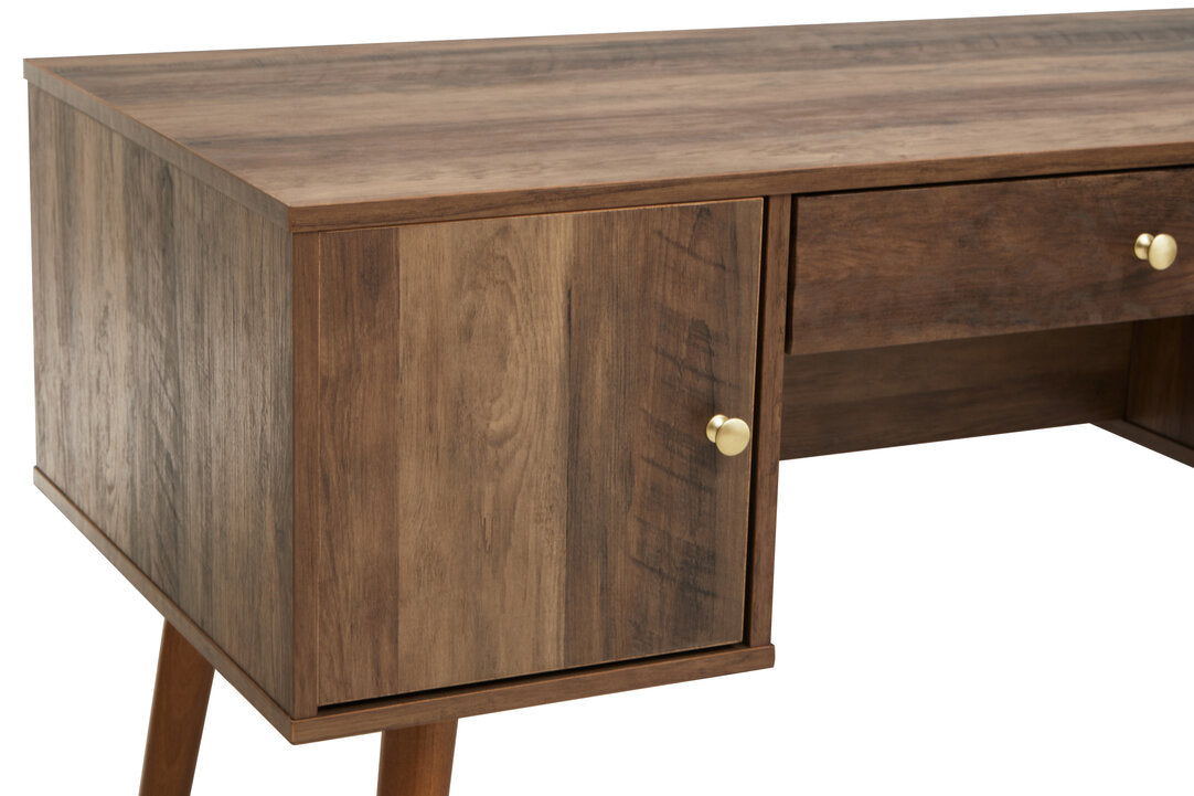 Frida Wood Veneer Desk with Drawer & Concealed Storage – Warm Minimal Workspace Desk with Gold Accents