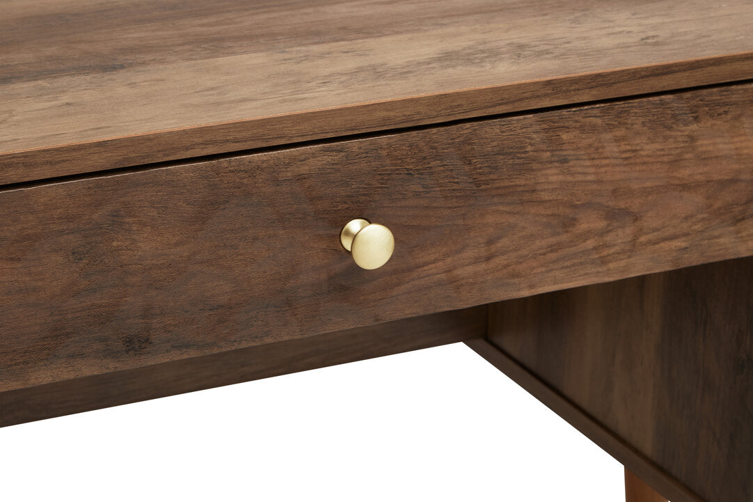 Frida Wood Veneer Desk with Drawer & Concealed Storage – Warm Minimal Workspace Desk with Gold Accents