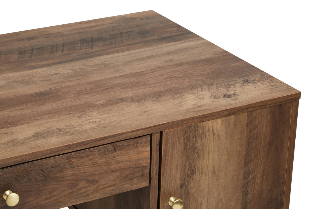 Frida Wood Veneer Desk with Drawer & Concealed Storage – Warm Minimal Workspace Desk with Gold Accents