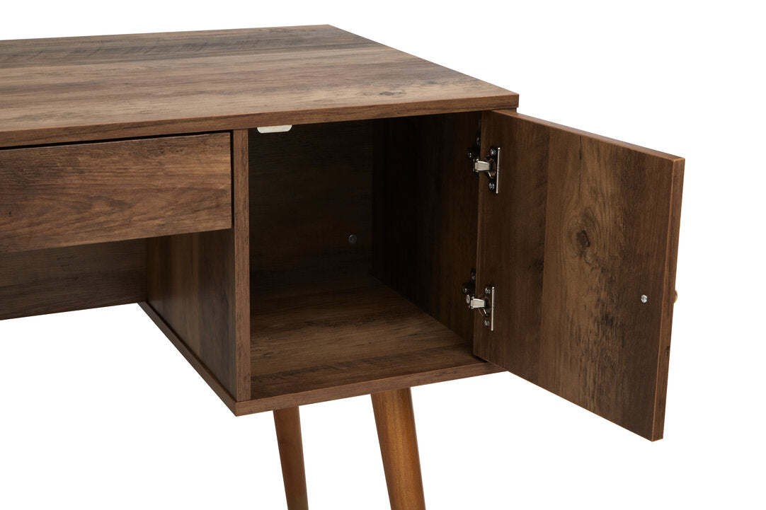 Frida Wood Veneer Desk with Drawer & Concealed Storage – Warm Minimal Workspace Desk with Gold Accents