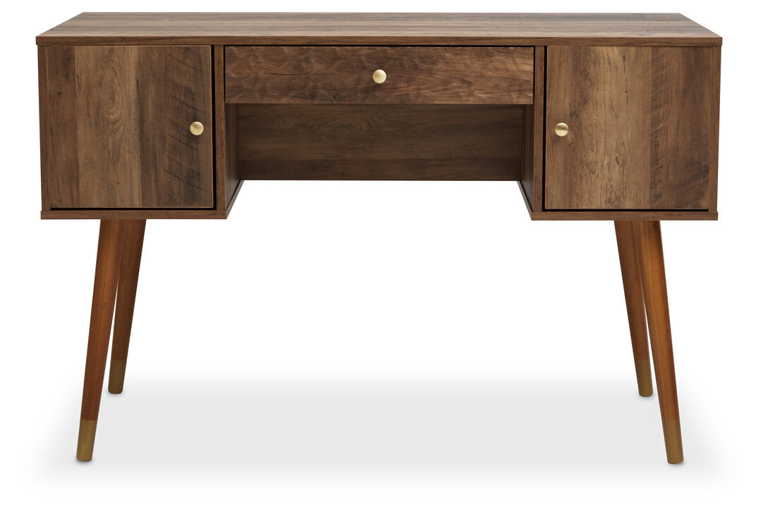 Frida Wood Veneer Desk with Drawer & Concealed Storage – Warm Minimal Workspace Desk with Gold Accents