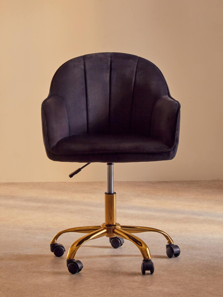 Black Velvet Office Chair with Gold Base – Refined Workspace Seating with Contrast Finish