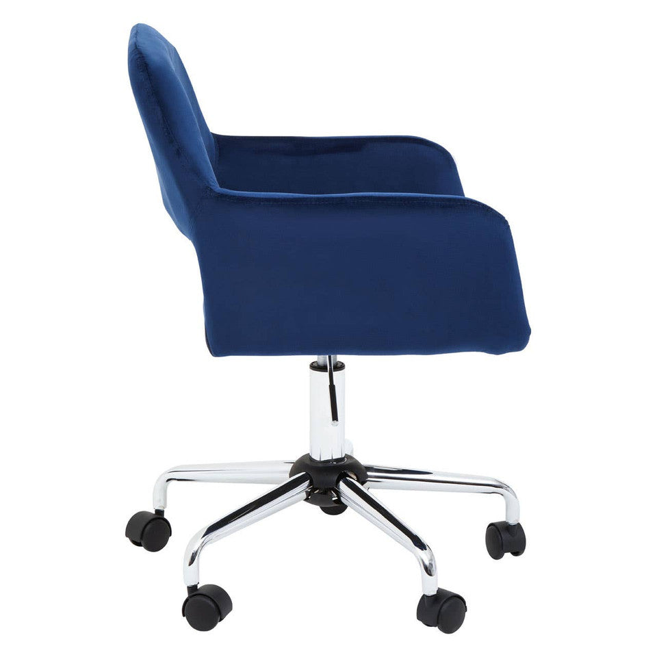 Navy Velvet Office Chair with Chrome Base – Compact Workspace Seating with Refined Finish