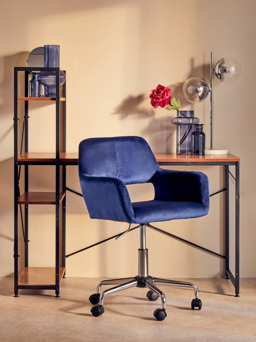 Navy Velvet Office Chair with Chrome Base – Compact Workspace Seating with Refined Finish