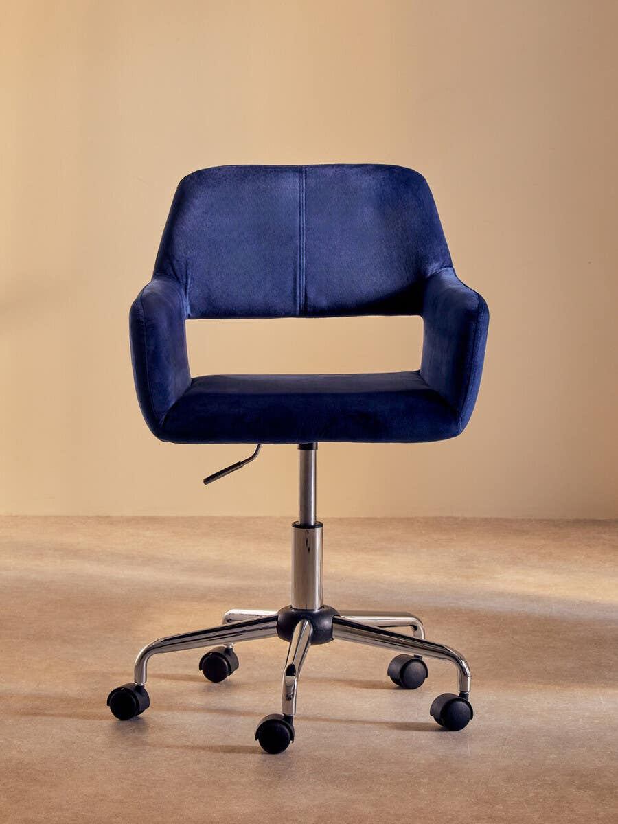 Navy Velvet Office Chair with Chrome Base – Compact Workspace Seating with Refined Finish
