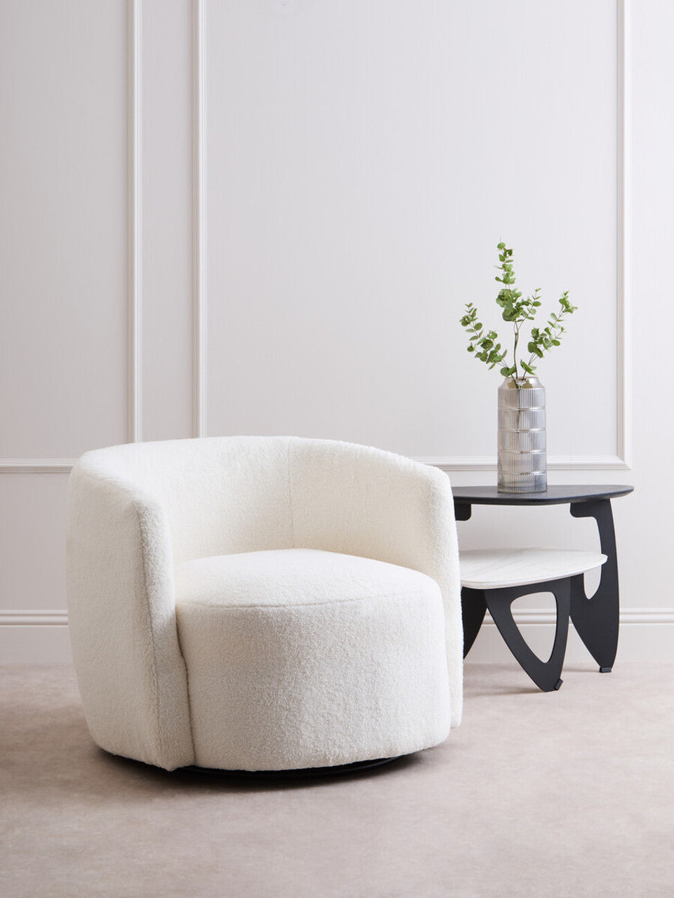 Montreal Ivory Boucle Effect Curved Lounge Chair With Swivel Base