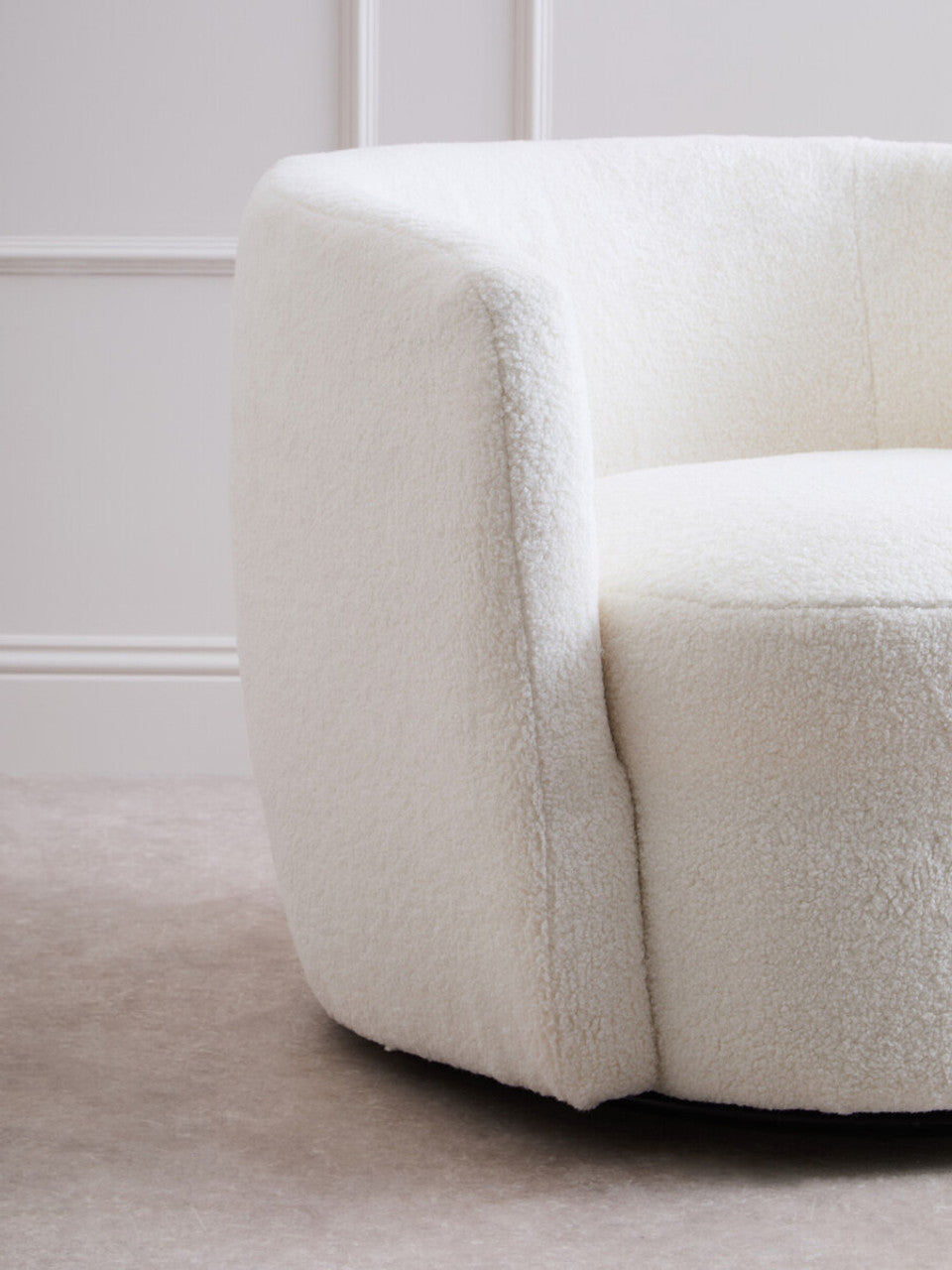 Montreal Ivory Boucle Effect Curved Lounge Chair With Swivel Base