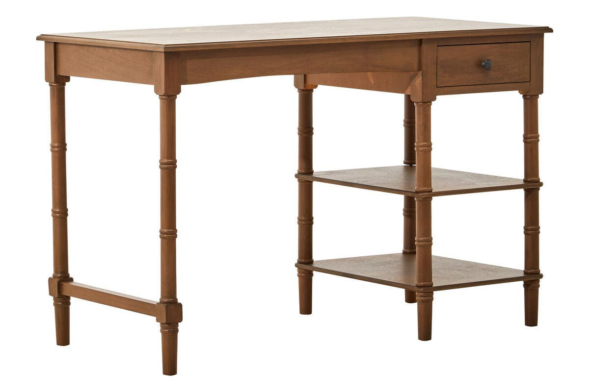Heritage Natural Wood Desk with One Drawer and Open Shelving – Inspired Workspace Desk with Spindle Legs