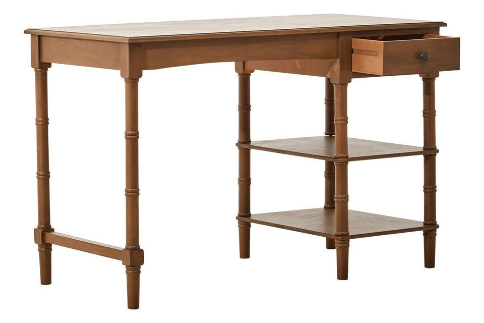Heritage Natural Wood Desk with One Drawer and Open Shelving – Inspired Workspace Desk with Spindle Legs