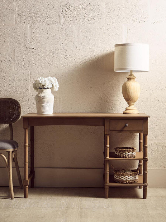 Heritage Natural Wood Desk with One Drawer and Open Shelving – Inspired Workspace Desk with Spindle Legs
