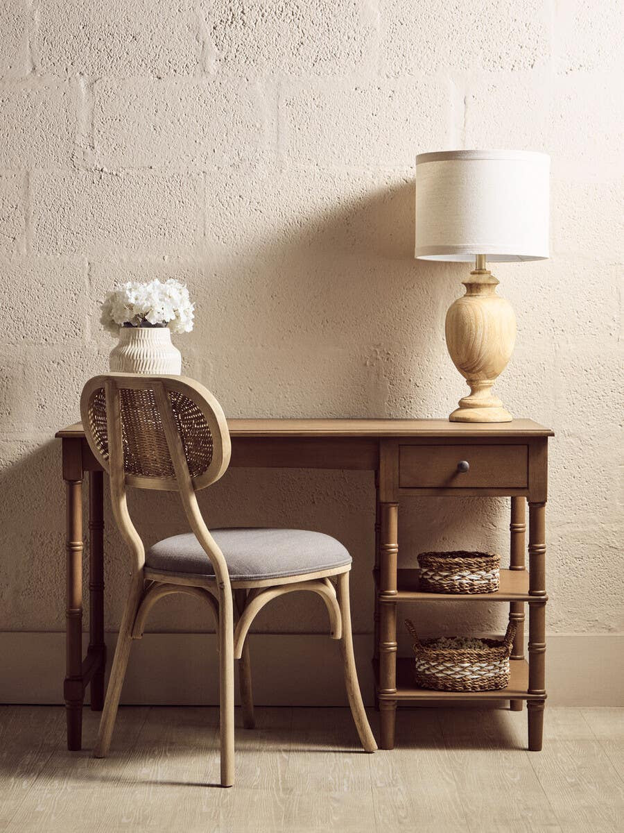 Heritage Natural Wood Desk with One Drawer and Open Shelving – Inspired Workspace Desk with Spindle Legs