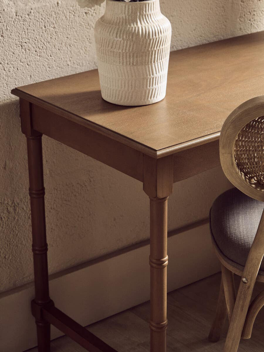 Heritage Natural Wood Desk with One Drawer and Open Shelving – Inspired Workspace Desk with Spindle Legs