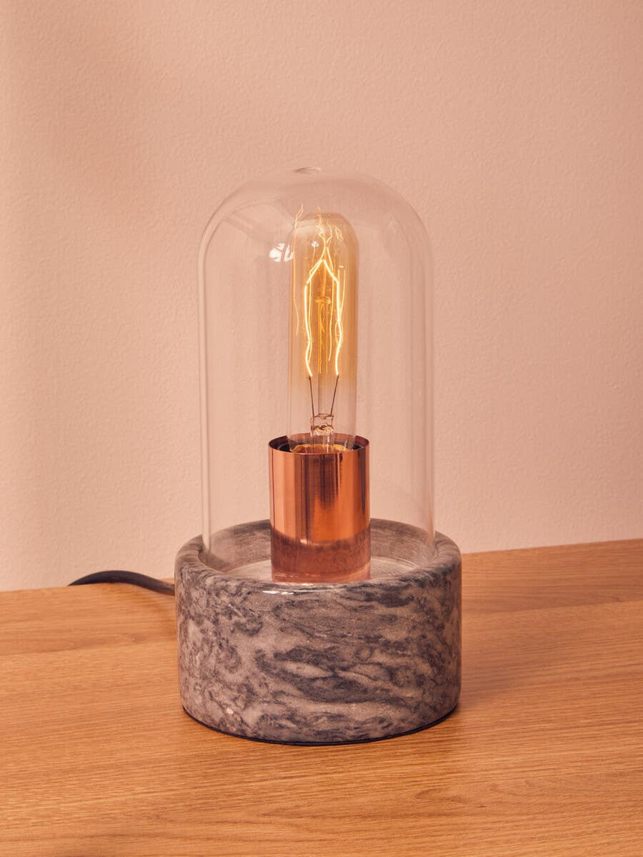 Bell Table Lamp with Black Marble Base – Minimal Workspace Lighting with Glass Cloche