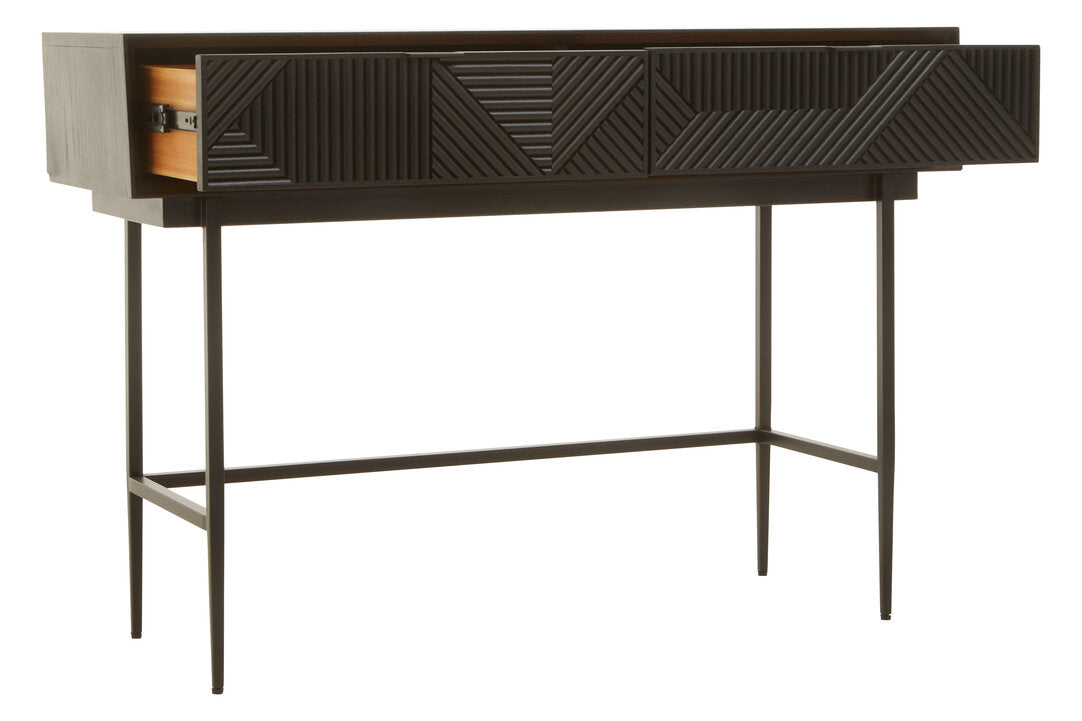 Black Geometric Console Desk with Drawers – Sculptural Workspace Desk with Carved Texture