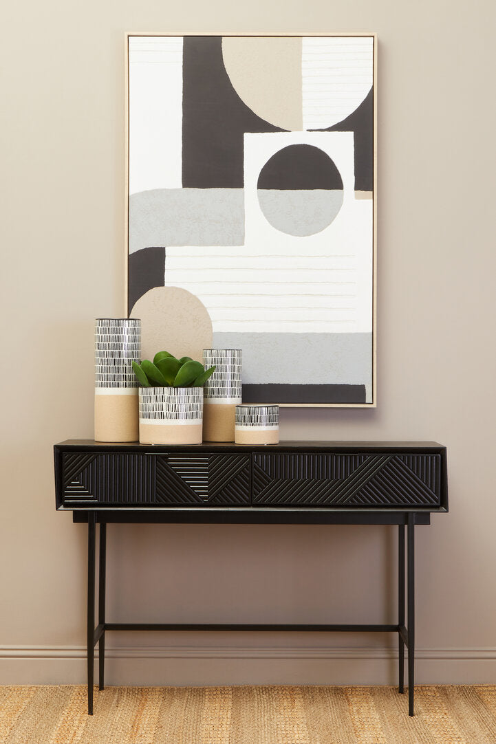 Black Geometric Console Desk with Drawers – Sculptural Workspace Desk with Carved Texture