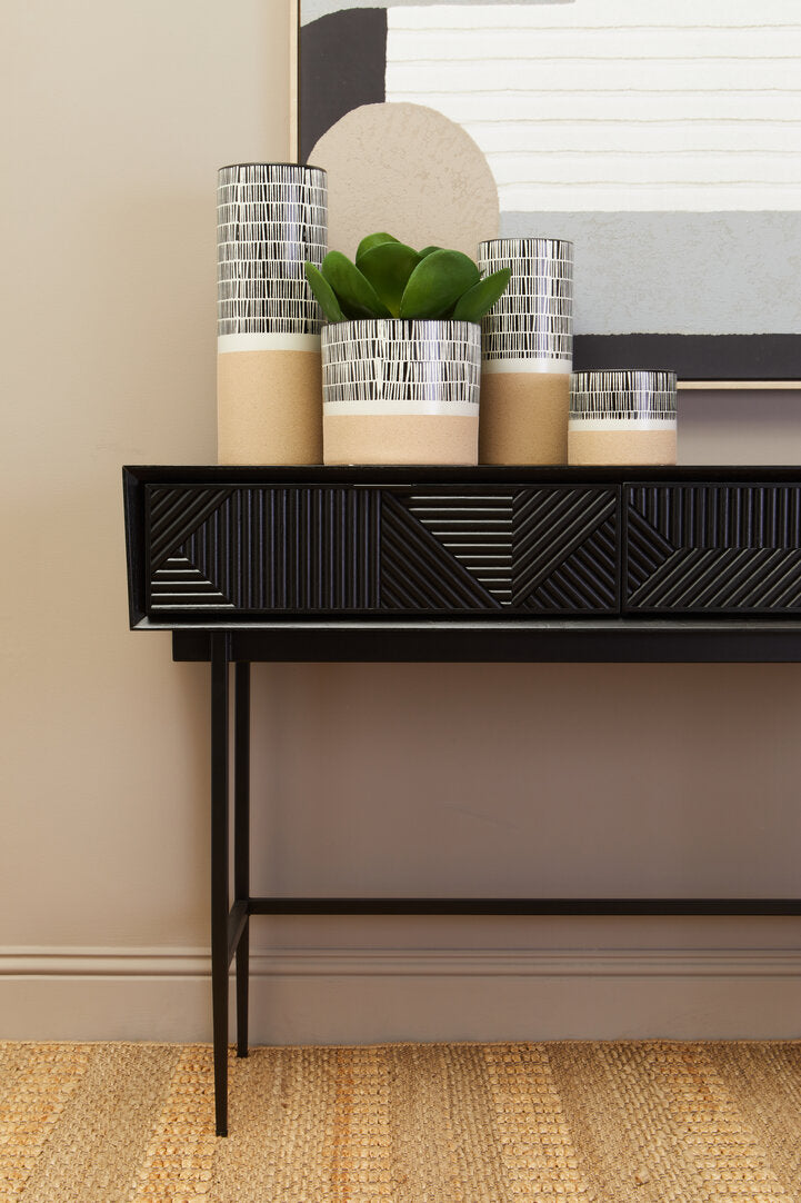 Black Geometric Console Desk with Drawers – Sculptural Workspace Desk with Carved Texture