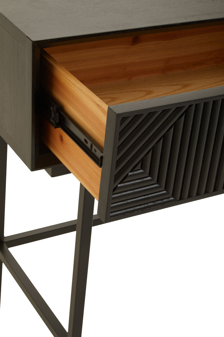 Black Geometric Console Desk with Drawers – Sculptural Workspace Desk with Carved Texture