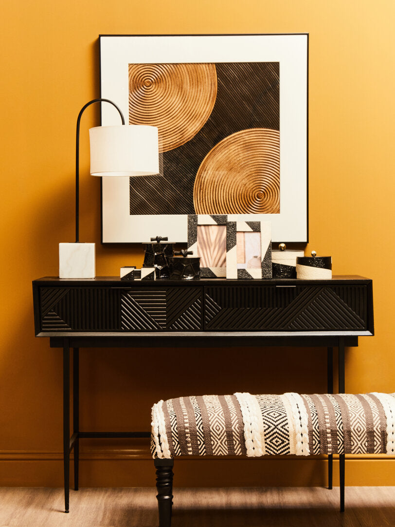 Black Geometric Console Desk with Drawers – Sculptural Workspace Desk with Carved Texture