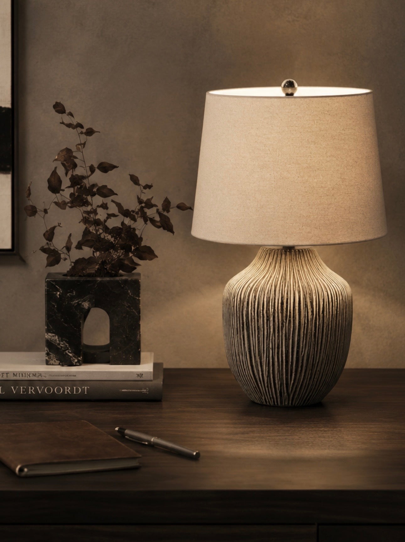 Ochre Carved Desk Lamp – Linen Shade