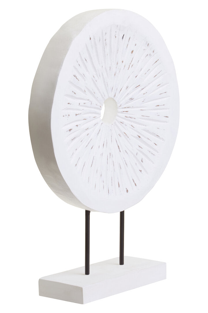 Fidel Distressed White Carved Wood Large Round Sculpture