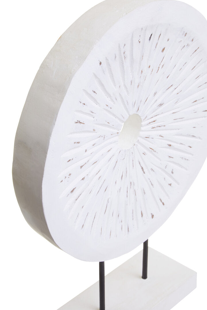 Fidel Distressed White Carved Wood Large Round Sculpture