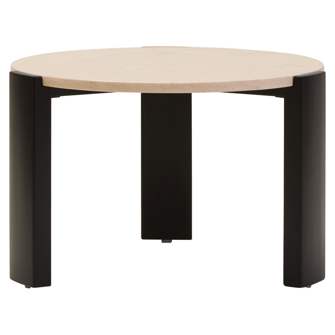 Cream Marble Round Coffee Table for Workspace – Small Stone Table with Black Wood Legs