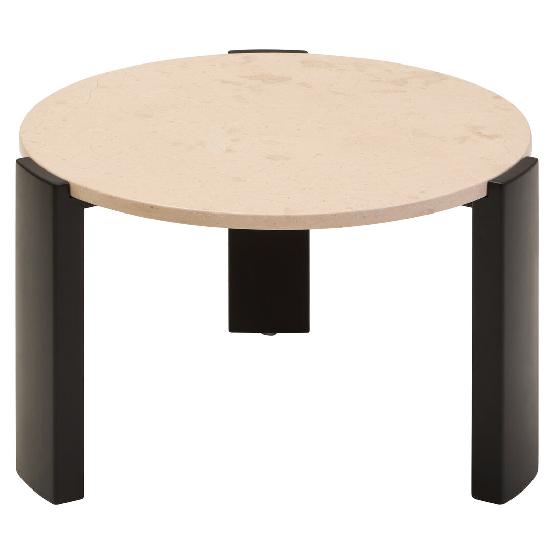 Cream Marble Round Coffee Table for Workspace – Small Stone Table with Black Wood Legs