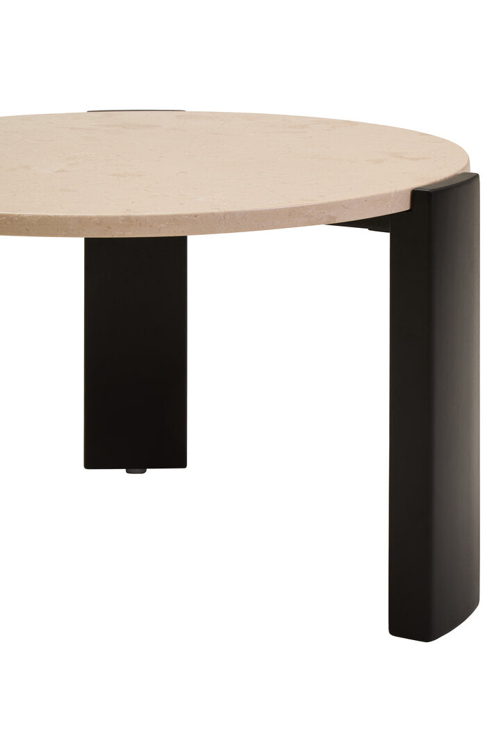 Cream Marble Round Coffee Table for Workspace – Small Stone Table with Black Wood Legs
