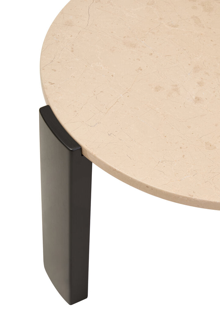 Cream Marble Round Coffee Table for Workspace – Small Stone Table with Black Wood Legs