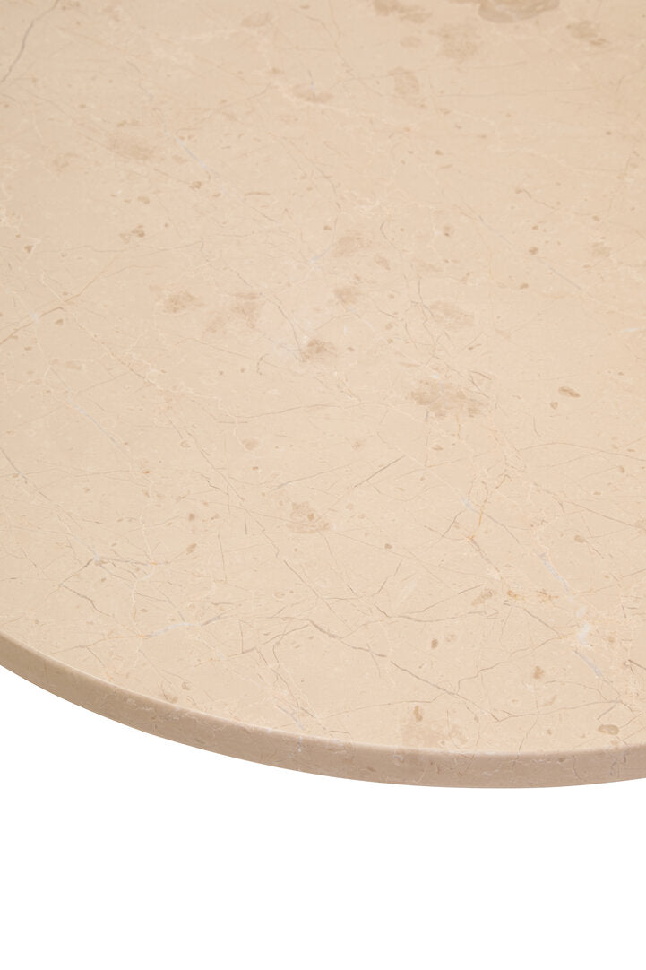 Cream Marble Round Coffee Table for Workspace – Small Stone Table with Black Wood Legs