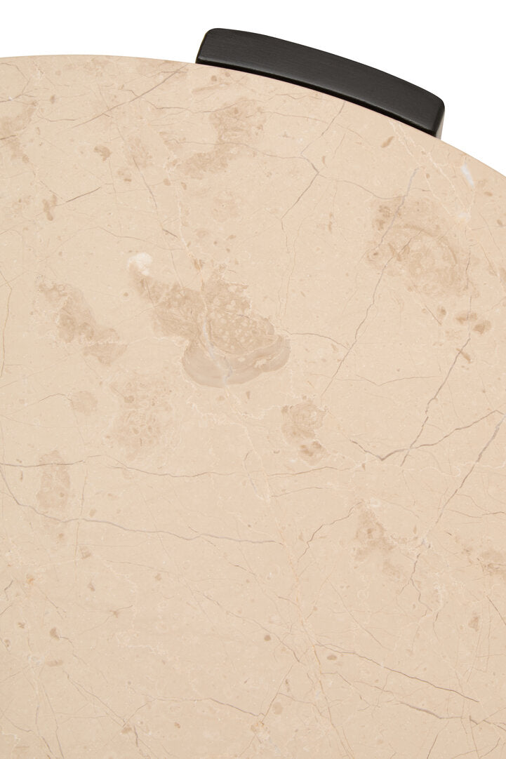 Cream Marble Round Coffee Table for Workspace – Small Stone Table with Black Wood Legs