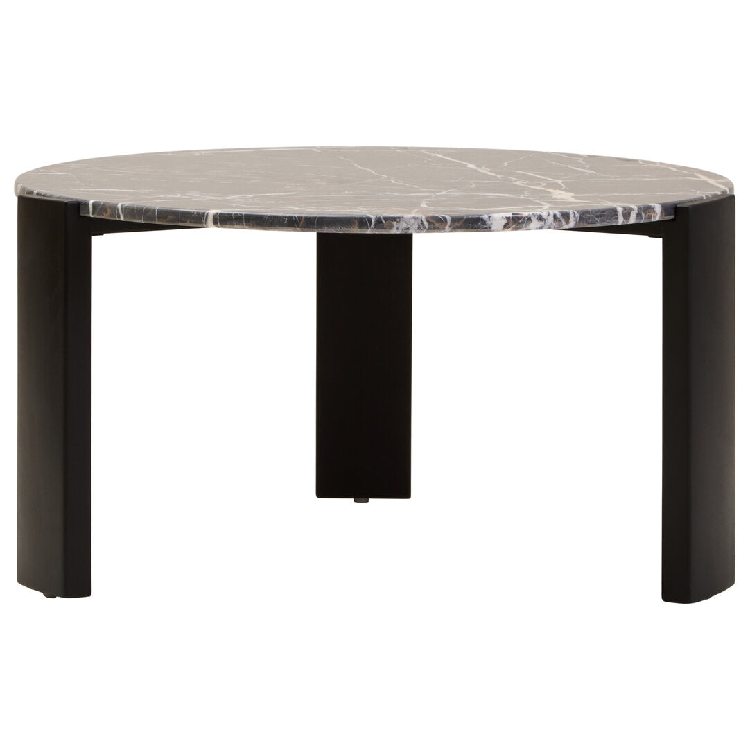 Large Black Marble Round Coffee Table for Workspace – Statement Stone Table with Wood Legs