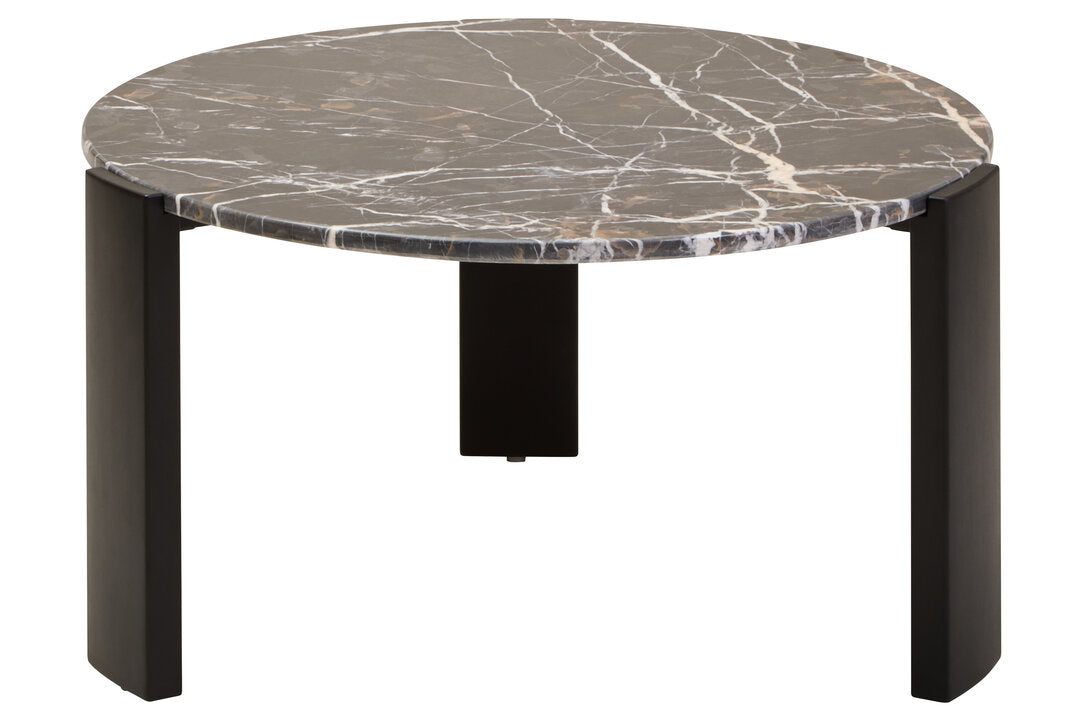 Large Black Marble Round Coffee Table for Workspace – Statement Stone Table with Wood Legs