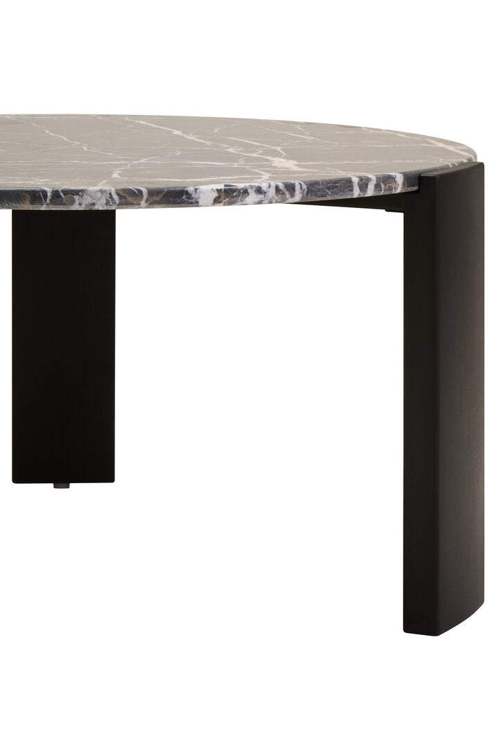 Large Black Marble Round Coffee Table for Workspace – Statement Stone Table with Wood Legs