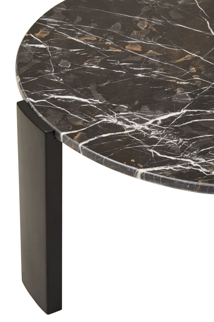 Large Black Marble Round Coffee Table for Workspace – Statement Stone Table with Wood Legs