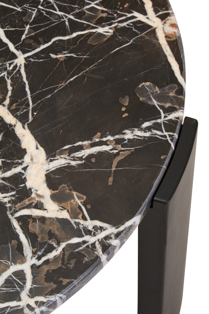 Large Black Marble Round Coffee Table for Workspace – Statement Stone Table with Wood Legs