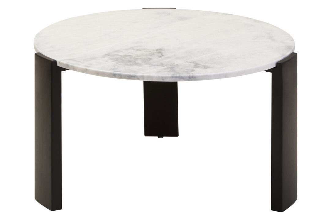 Large White Marble Round Coffee Table for Workspace – Stone Table with Black Wood Legs