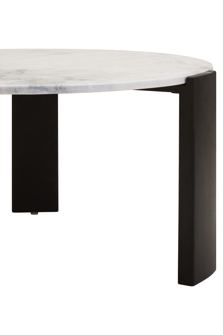 Large White Marble Round Coffee Table for Workspace – Stone Table with Black Wood Legs