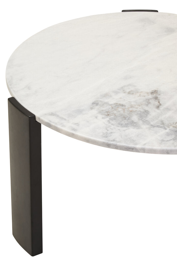 Large White Marble Round Coffee Table for Workspace – Stone Table with Black Wood Legs